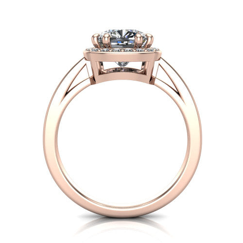 Skye cushion halo engagement ring in 18K Rose Gold, through-finger front profile showing the halo head raised above the pav&eacute; band