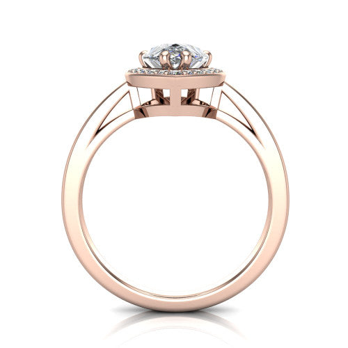 Skye pear halo engagement ring in 14K Rose Gold, through-finger front profile showing the halo head raised above the pav&eacute; band