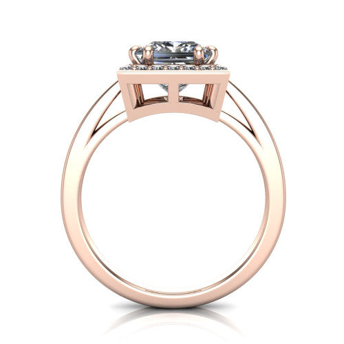 Skye princess halo engagement ring in 18K Rose Gold, through-finger front profile showing the halo head raised above the pav&eacute; band