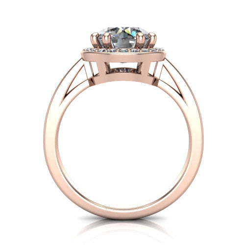 Skye round halo engagement ring in 18K Rose Gold, through-finger front profile showing the halo head raised above the pav&eacute; band