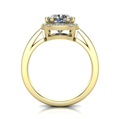Skye cushion halo engagement ring in 18K Yellow Gold, through-finger front profile showing the halo head raised above the pav&eacute; band