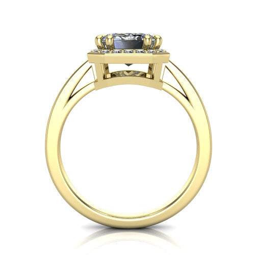 Skye emerald halo engagement ring in 18K Yellow Gold, through-finger front profile showing the halo head raised above the pav&eacute; band