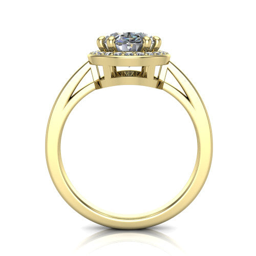 Skye oval halo engagement ring in 14K Yellow Gold, through-finger front profile showing the halo head raised above the pav&eacute; band