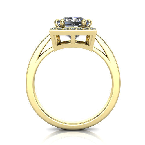 Skye princess halo engagement ring in 14K Yellow Gold, through-finger front profile showing the halo head raised above the pav&eacute; band