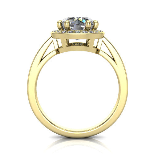 Skye round halo engagement ring in 18K Yellow Gold, through-finger front profile showing the halo head raised above the pav&eacute; band