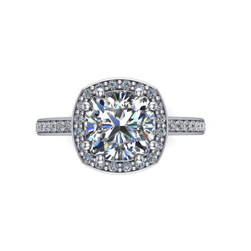 Skye cushion halo engagement ring in Platinum, top-down view showing the center diamond framed by a pav&eacute; halo