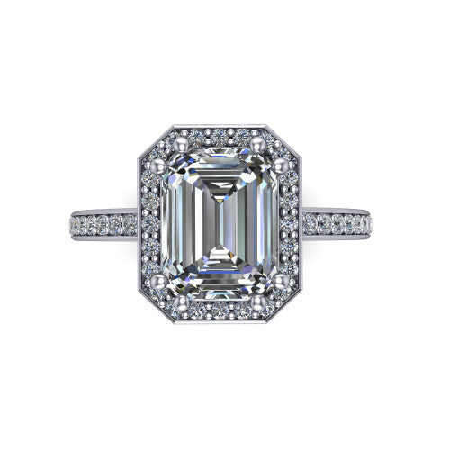 Skye emerald halo engagement ring in 14K White Gold, top-down view showing the center diamond framed by a pav&eacute; halo
