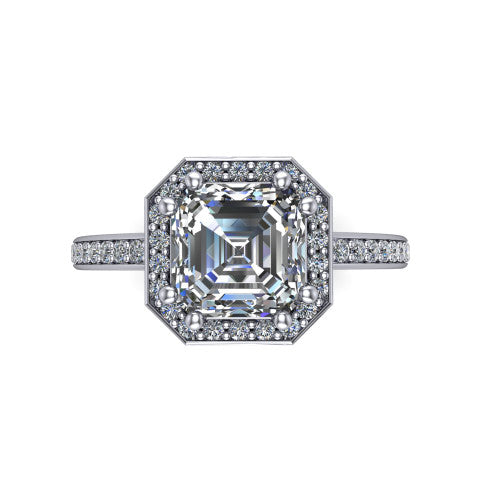 Skye asscher halo engagement ring in 14K White Gold, top-down view showing the center diamond framed by a pav&eacute; halo