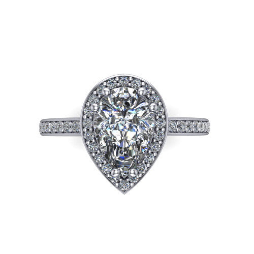 Skye pear halo engagement ring in 18K White Gold, top-down view showing the center diamond framed by a pav&eacute; halo