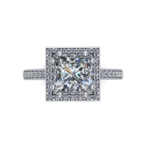 Skye princess halo engagement ring in Platinum, top-down view showing the center diamond framed by a pav&eacute; halo