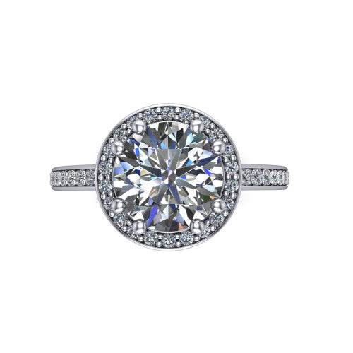 Skye round halo engagement ring in 18K White Gold, top-down view showing the center diamond framed by a pav&eacute; halo