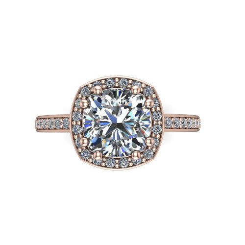 Skye cushion halo engagement ring in 14K Rose Gold, top-down view showing the center diamond framed by a pav&eacute; halo
