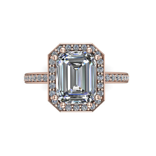 Skye emerald halo engagement ring in 14K Rose Gold, top-down view showing the center diamond framed by a pav&eacute; halo