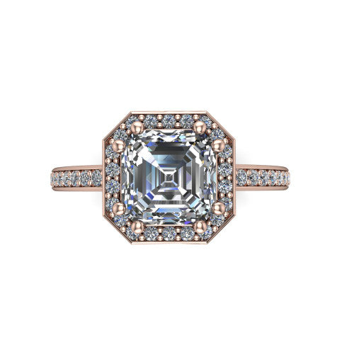 Skye asscher halo engagement ring in 14K Rose Gold, top-down view showing the center diamond framed by a pav&eacute; halo