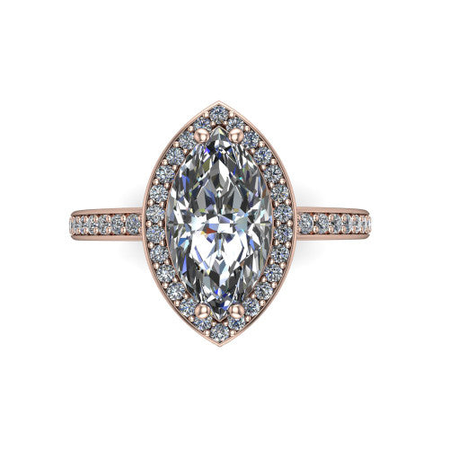 Skye marquise halo engagement ring in 14K Rose Gold, top-down view showing the center diamond framed by a pav&eacute; halo