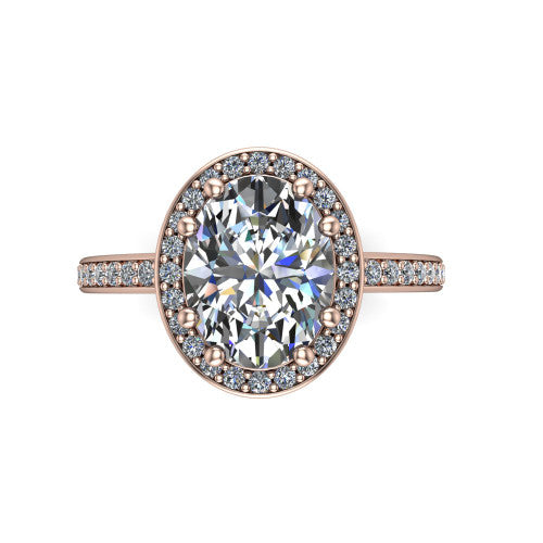 Skye oval halo engagement ring in 18K Rose Gold, top-down view showing the center diamond framed by a pav&eacute; halo