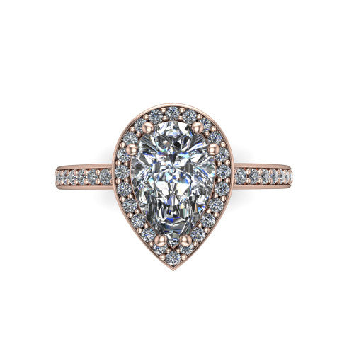 Skye pear halo engagement ring in 14K Rose Gold, top-down view showing the center diamond framed by a pav&eacute; halo