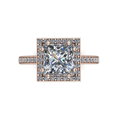 Skye princess halo engagement ring in 14K Rose Gold, top-down view showing the center diamond framed by a pav&eacute; halo
