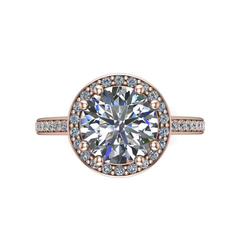 Skye round halo engagement ring in 14K Rose Gold, top-down view showing the center diamond framed by a pav&eacute; halo