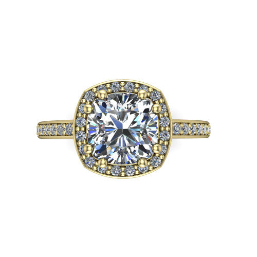 Skye cushion halo engagement ring in 14K Yellow Gold, top-down view showing the center diamond framed by a pav&eacute; halo