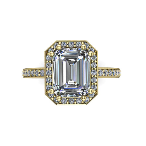 Skye emerald halo engagement ring in 14K Yellow Gold, top-down view showing the center diamond framed by a pav&eacute; halo