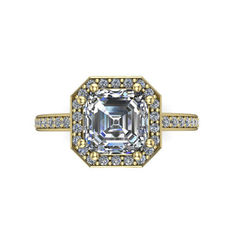 Skye asscher halo engagement ring in 14K Yellow Gold, top-down view showing the center diamond framed by a pav&eacute; halo