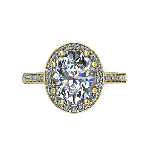 Skye oval halo engagement ring in 14K Yellow Gold, top-down view showing the center diamond framed by a pav&eacute; halo