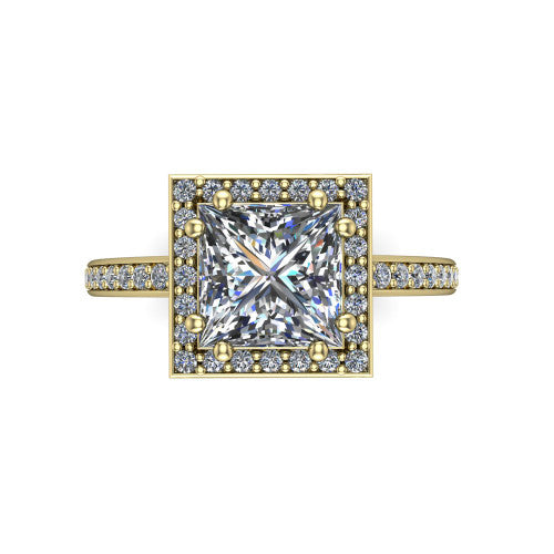 Skye princess halo engagement ring in 18K Yellow Gold, top-down view showing the center diamond framed by a pav&eacute; halo
