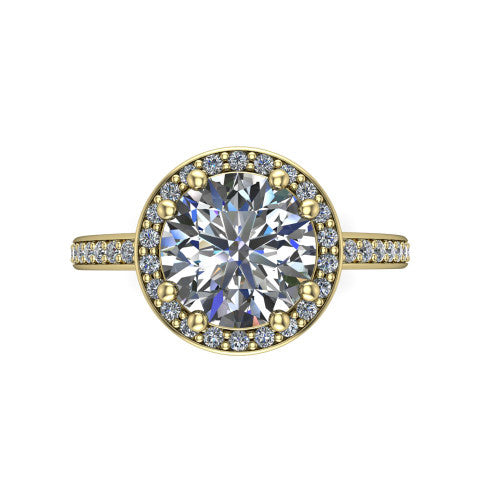 Skye round halo engagement ring in 14K Yellow Gold, top-down view showing the center diamond framed by a pav&eacute; halo