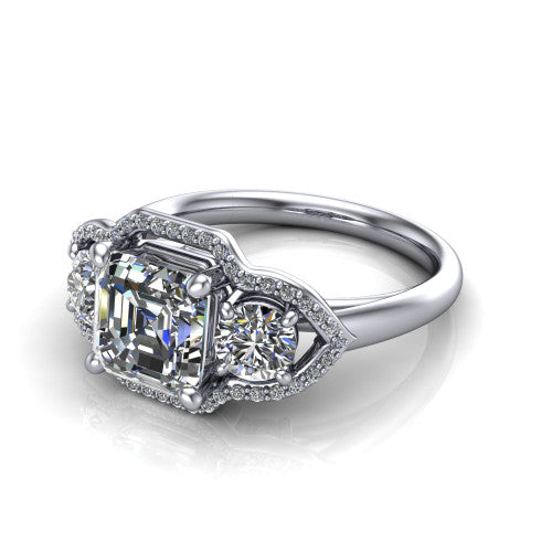 Kalani asscher halo engagement ring in Platinum, three-quarter perspective showing the haloed center and two haloed round side stones linked by open scroll bridges