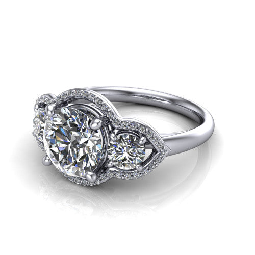 Kalani round halo engagement ring in 14K White Gold, three-quarter perspective showing the haloed center and two haloed round side stones linked by open scroll bridges