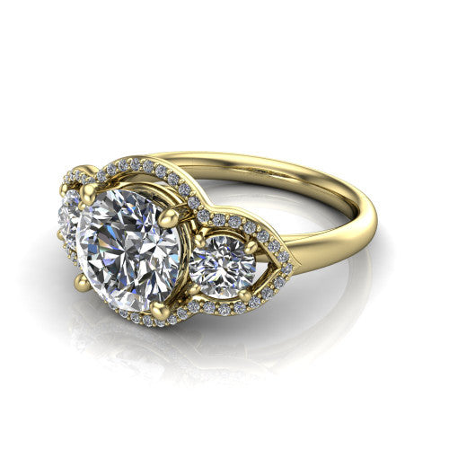 Kalani round halo engagement ring in 14K Yellow Gold, three-quarter perspective showing the haloed center and two haloed round side stones linked by open scroll bridges