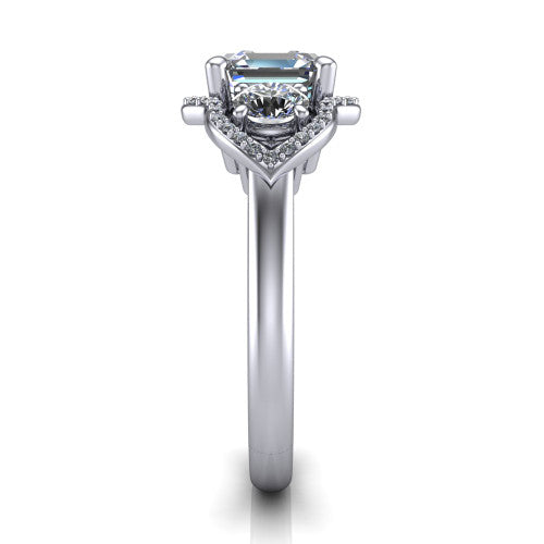 Kalani asscher halo engagement ring in 14K White Gold, side profile showing the open scrollwork bridge and the polished band