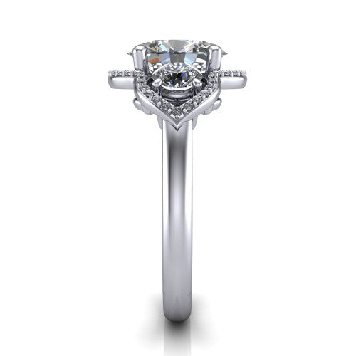 Kalani oval halo engagement ring in Platinum, side profile showing the open scrollwork bridge and the polished band