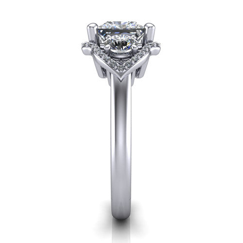 Kalani princess halo engagement ring in 14K White Gold, side profile showing the open scrollwork bridge and the polished band