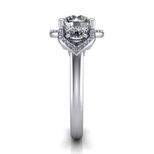 Kalani round halo engagement ring in Platinum, side profile showing the open scrollwork bridge and the polished band