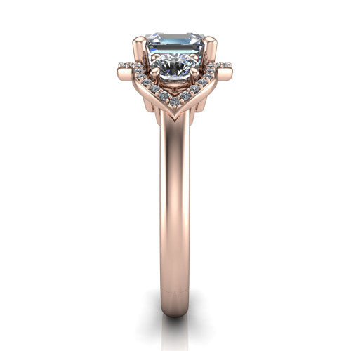 Kalani asscher halo engagement ring in 14K Rose Gold, side profile showing the open scrollwork bridge and the polished band