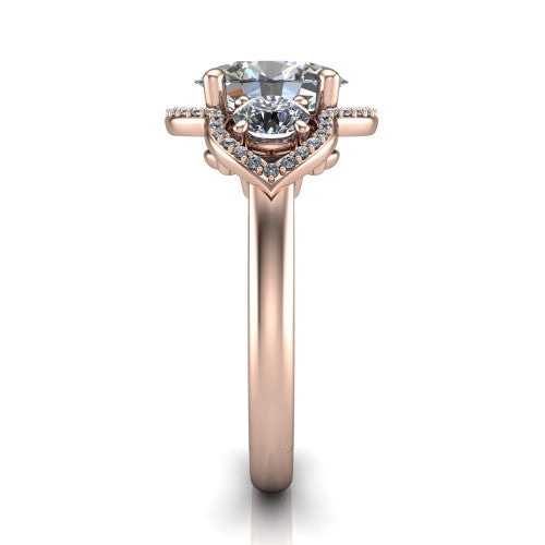 Kalani oval halo engagement ring in 14K Rose Gold, side profile showing the open scrollwork bridge and the polished band