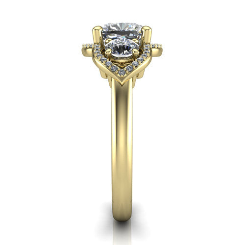 Kalani cushion halo engagement ring in 18K Yellow Gold, side profile showing the open scrollwork bridge and the polished band