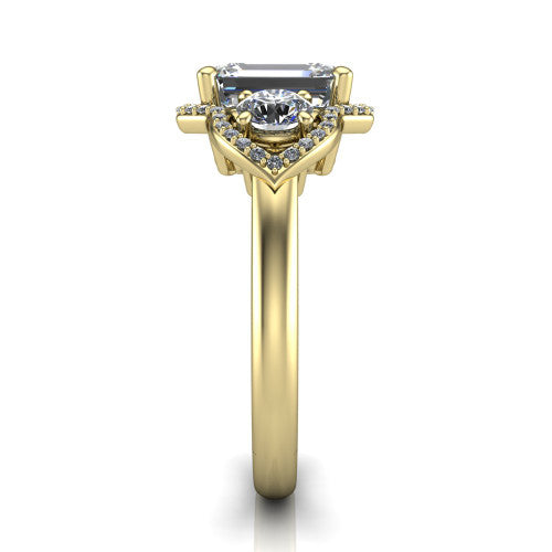 Kalani emerald halo engagement ring in 14K Yellow Gold, side profile showing the open scrollwork bridge and the polished band