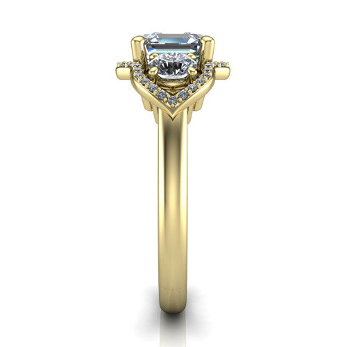 Kalani asscher halo engagement ring in 14K Yellow Gold, side profile showing the open scrollwork bridge and the polished band