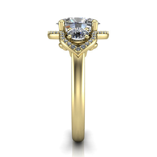 Kalani oval halo engagement ring in 14K Yellow Gold, side profile showing the open scrollwork bridge and the polished band