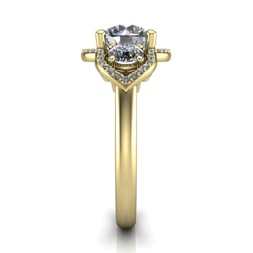 Kalani round halo engagement ring in 18K Yellow Gold, side profile showing the open scrollwork bridge and the polished band