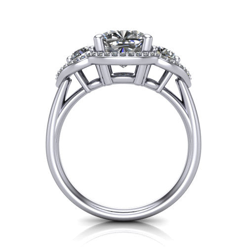 Kalani cushion halo engagement ring in 14K White Gold, through-finger front profile showing the three haloed sections raised above the slim polished shank