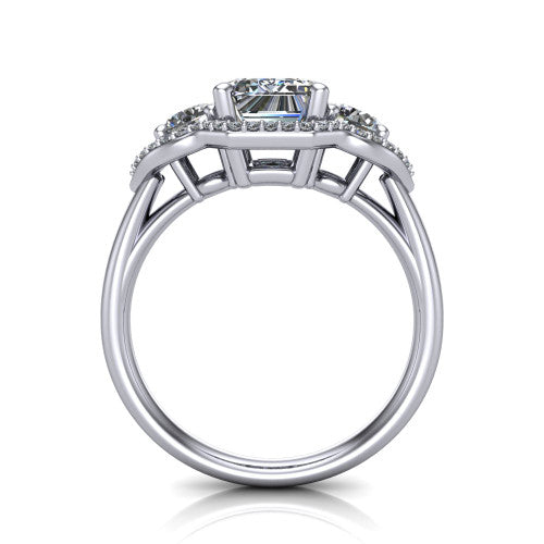 Kalani emerald halo engagement ring in 14K White Gold, through-finger front profile showing the three haloed sections raised above the slim polished shank
