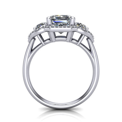 Kalani asscher halo engagement ring in 14K White Gold, through-finger front profile showing the three haloed sections raised above the slim polished shank