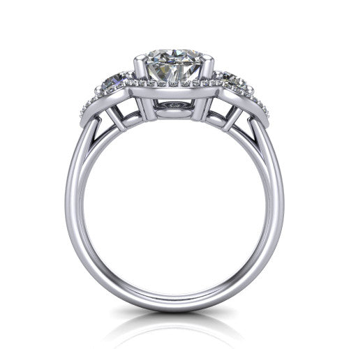 Kalani oval halo engagement ring in Platinum, through-finger front profile showing the three haloed sections raised above the slim polished shank