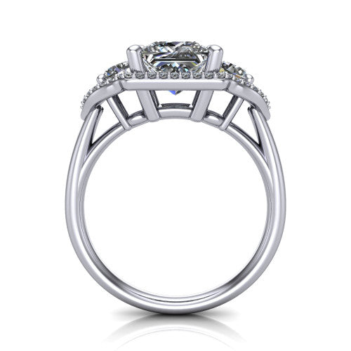 Kalani princess halo engagement ring in Platinum, through-finger front profile showing the three haloed sections raised above the slim polished shank