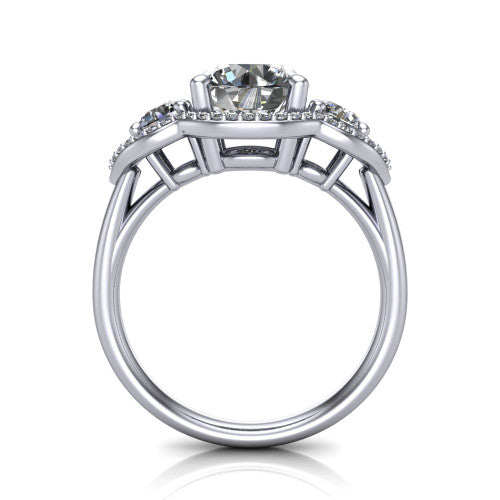 Kalani round halo engagement ring in 14K White Gold, through-finger front profile showing the three haloed sections raised above the slim polished shank