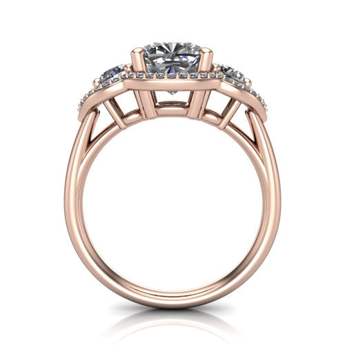 Kalani cushion halo engagement ring in 14K Rose Gold, through-finger front profile showing the three haloed sections raised above the slim polished shank